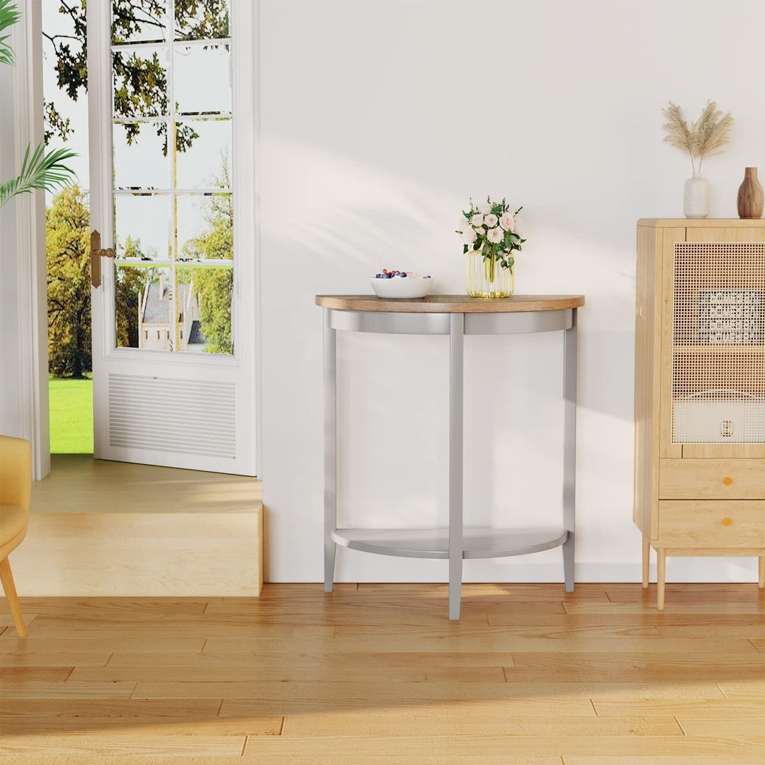 Acme Justino Half Moon Wooden Console Table with Bottom Shelf in Gray Oak - Diamond Home USA