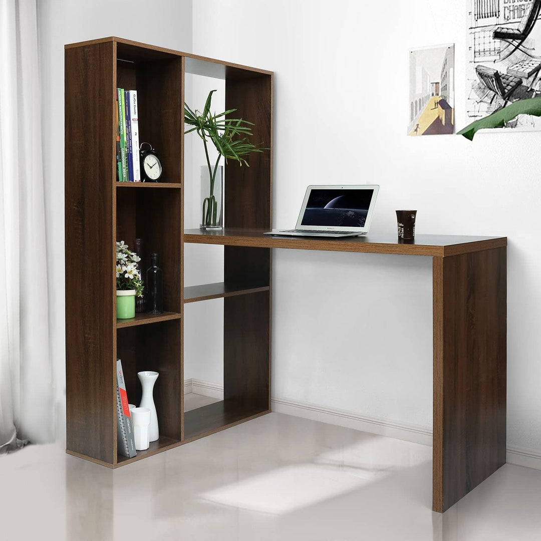 2 in 1 Computer Desk/L-Shape Desktop with Shelves Walnut Beige Casual MD Wood