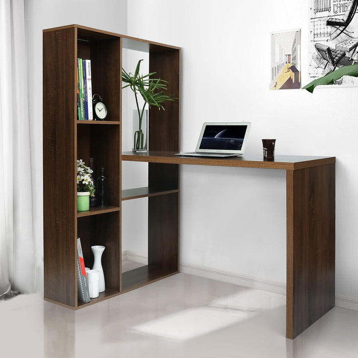 2 in 1 Computer Desk/L-Shape Desktop with Shelves Walnut Beige Casual MD Wood