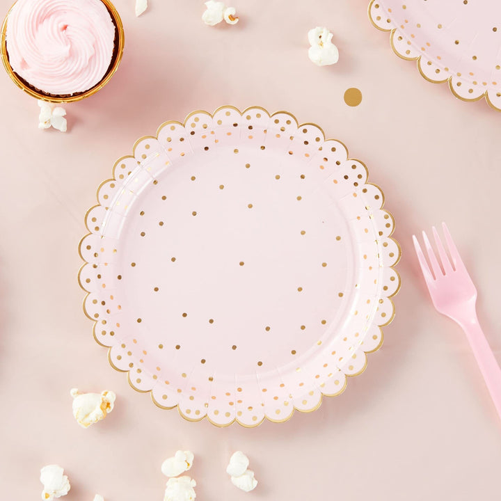 Scalloped Polka Dot Paper Plates Rose Gold 30th Birthday Decorations for Her - Diamond Home USA