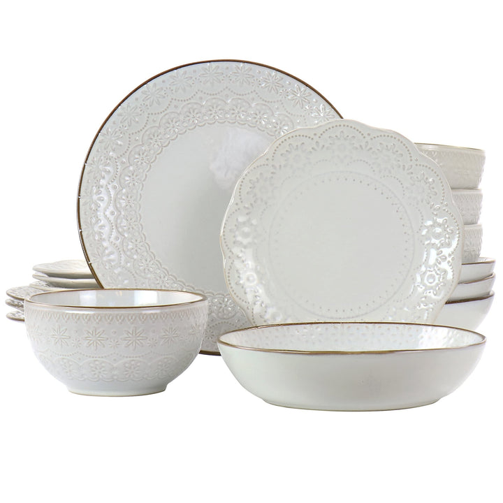 16 Piece Embossed Double Bowl Stoneware Dinnerware Set In Ivory Textured