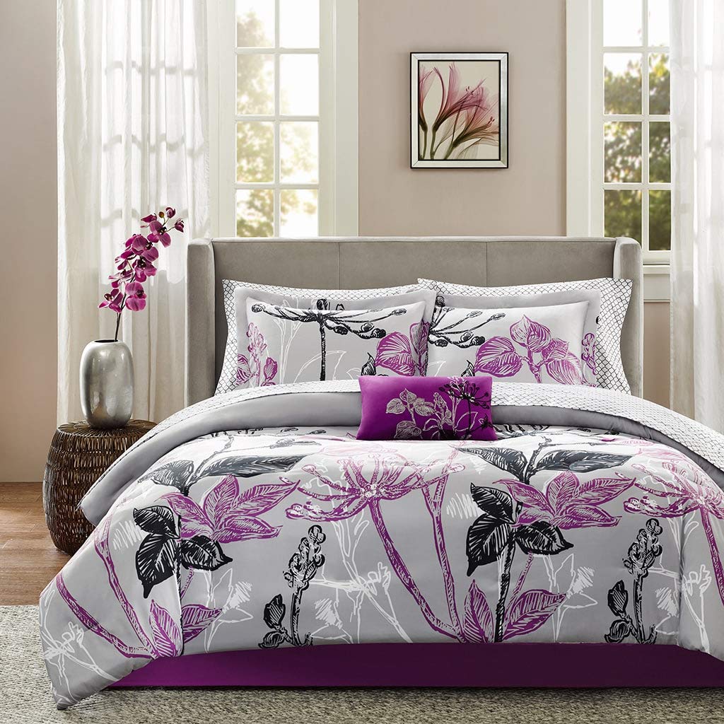 9 Piece Purple Black Gray Floral Comforter California King Set Flower Theme