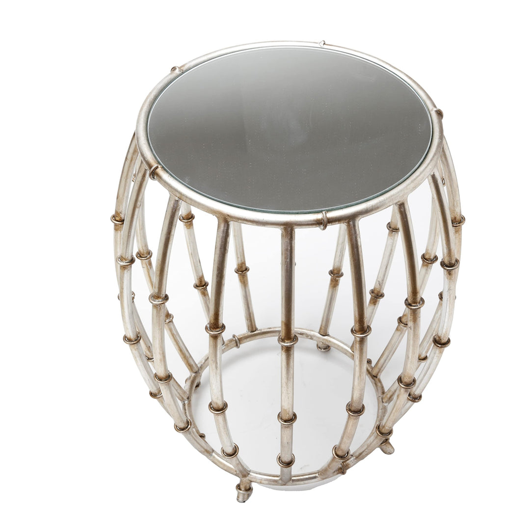 Antique Silver Bamboo Drum Table 26x19x20 Modern Contemporary Glass Handmade