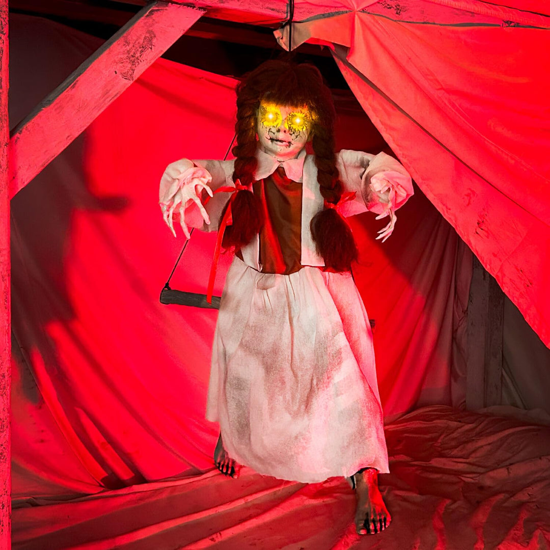 Haunted Hill Farm Animatronic Scary Talking Haunted Doll on Swing with Touch - Diamond Home USA