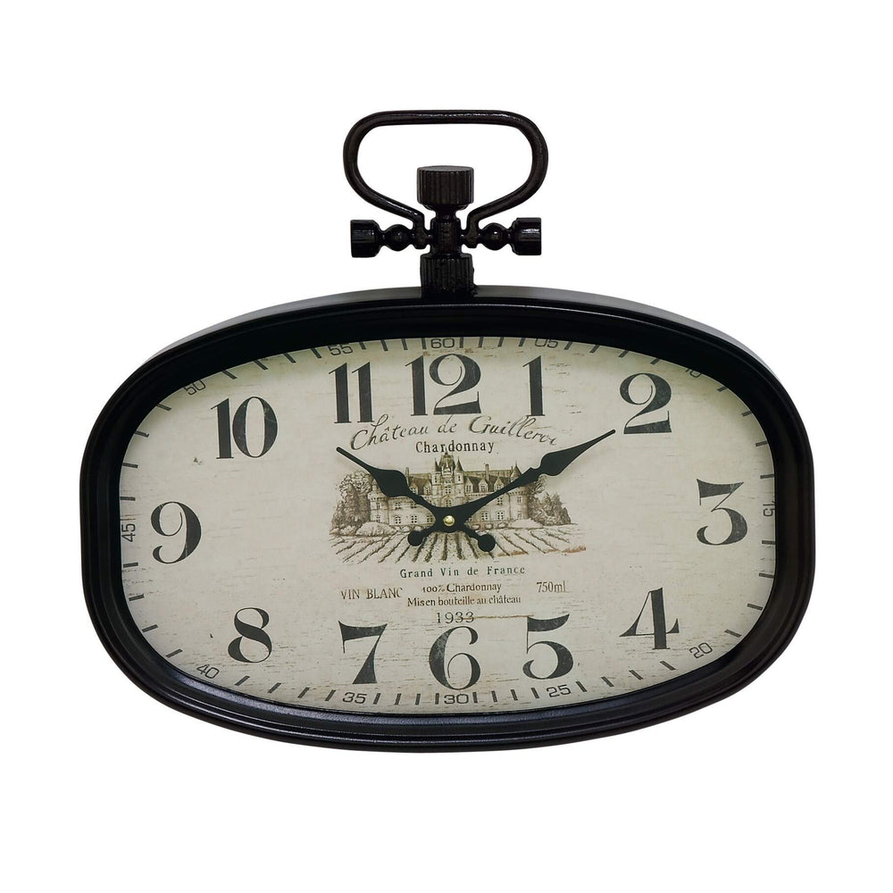 Black Iron Oval Wall Clock with White Face Rustic Wood Espresso Finish Numerical - Diamond Home USA