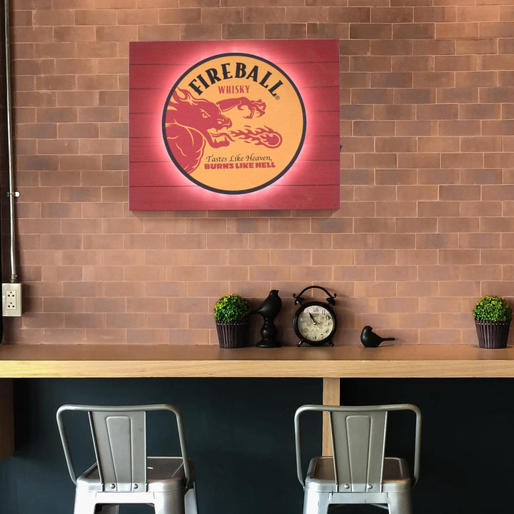 Fireball Whisky Vintage Metal Backlit Led Sign 15inch X 18inch Red Wood Medium - Diamond Home USA