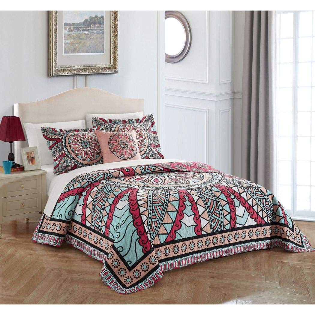 4 Piece Aqua Red Southwest Quilt Queen Set Bohemian Hippie Bedding