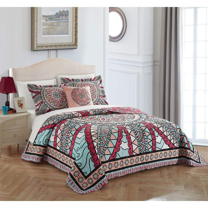 4 Piece Aqua Red Southwest Quilt Queen Set Bohemian Hippie Bedding