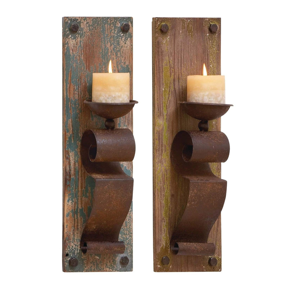 Rustic Brown 19-inch Candle Sconces (Set of 2) Farmhouse Iron Wood - Diamond Home USA