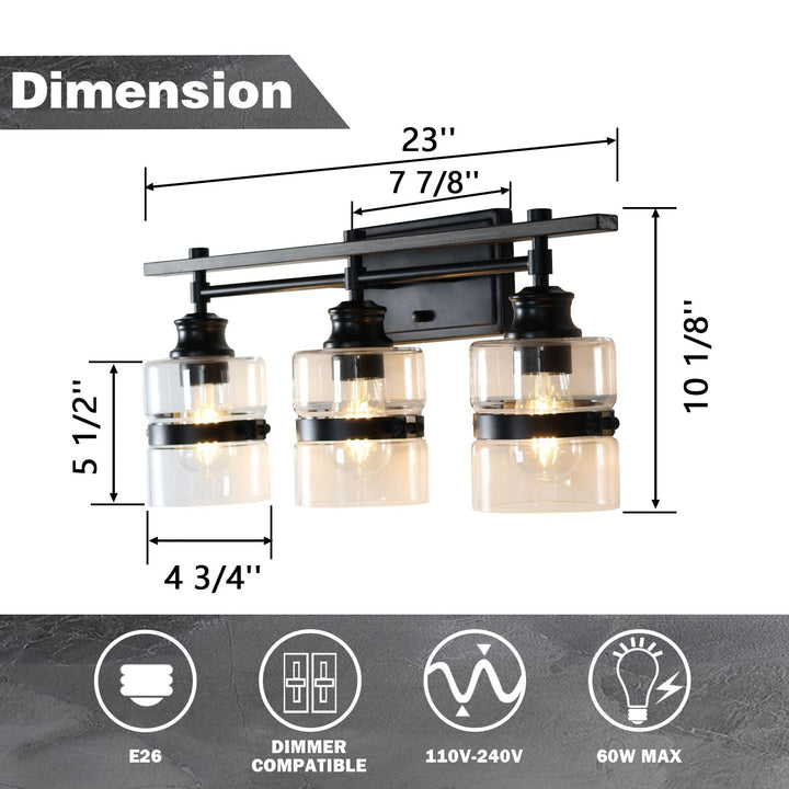 Farmhouse 3-lights Bathroom Dimmable Iron Black Vanity Lights Wall Sconces Glass - Diamond Home USA
