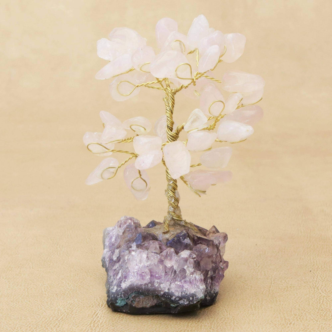 Handmade Sweet Leaves Rose Quartz Gemstone Tree (Brazil) 3.9" H X 2.4" W 2" D - Diamond Home USA