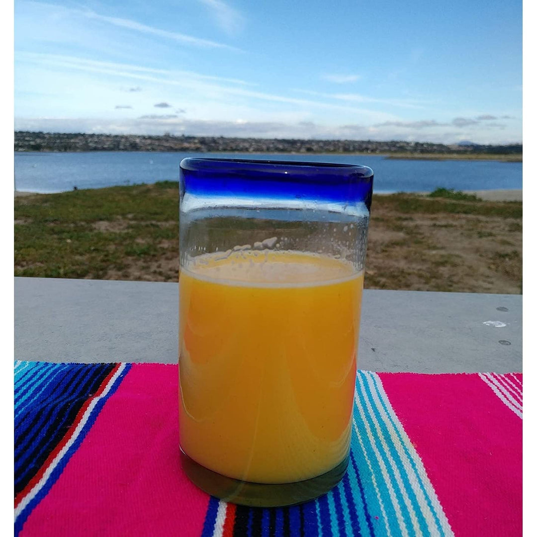 Hand Blown Mexican Drinking Glasses Set Of 6 With Cobalt Blue Rims (14 Oz - Diamond Home USA