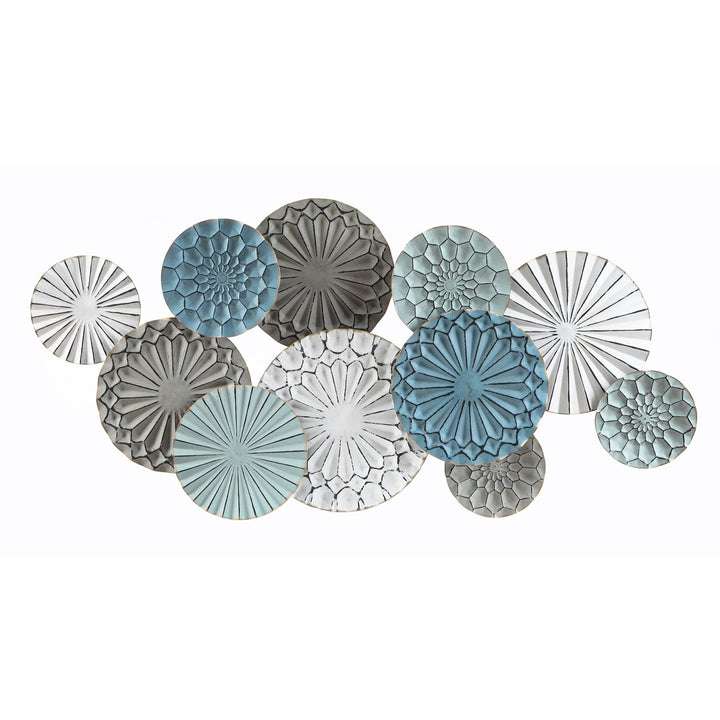 Metal Floral Pattern Round Discs Abstract Wall Art Blue Grey White Modern - Diamond Home USA
