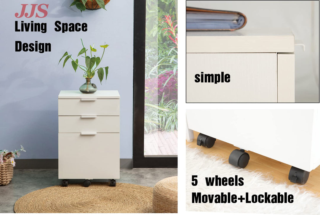 JJS 3 Drawer Rolling Wood File Cabinet with Locking Wheels Home Office