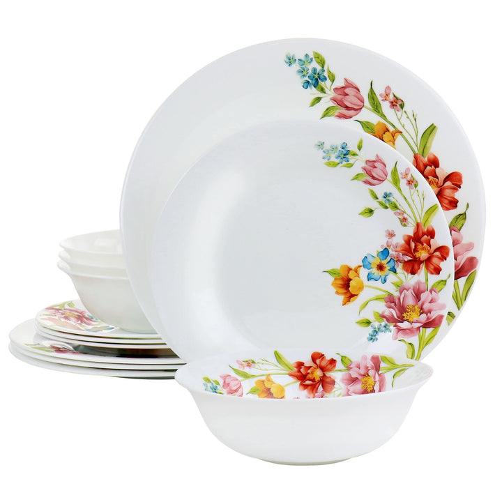 12 Piece Tempered Opal Glass Dinnerware Set Multi Color Floral Traditional Round