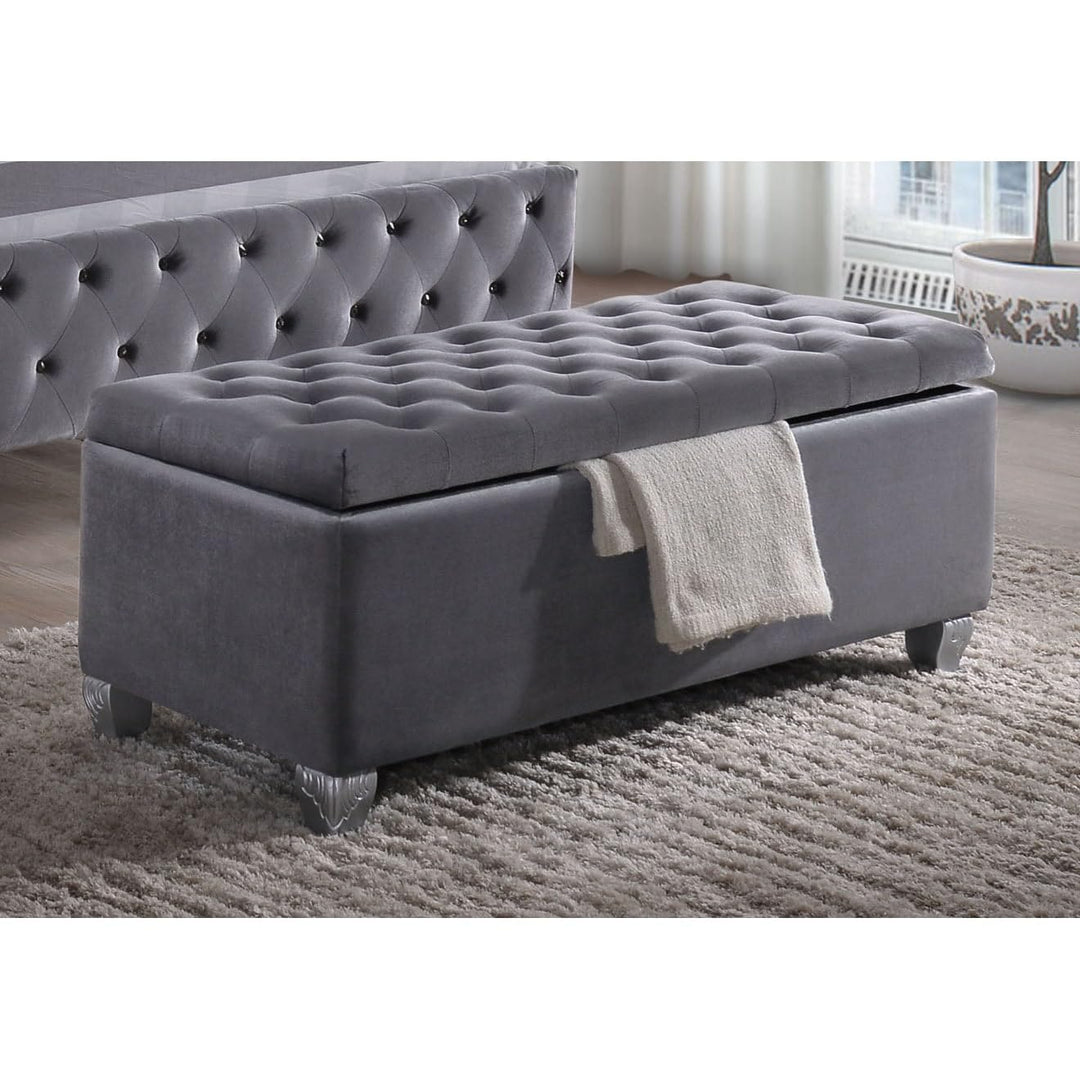 Grey Tufted Storage Bench Solid Modern Contemporary Velvet Wicker