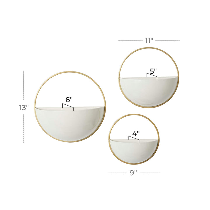 Round White and Gold Metal Wall Planters Set of 3 9" 11" 13" 12 X 6 12round - Diamond Home USA