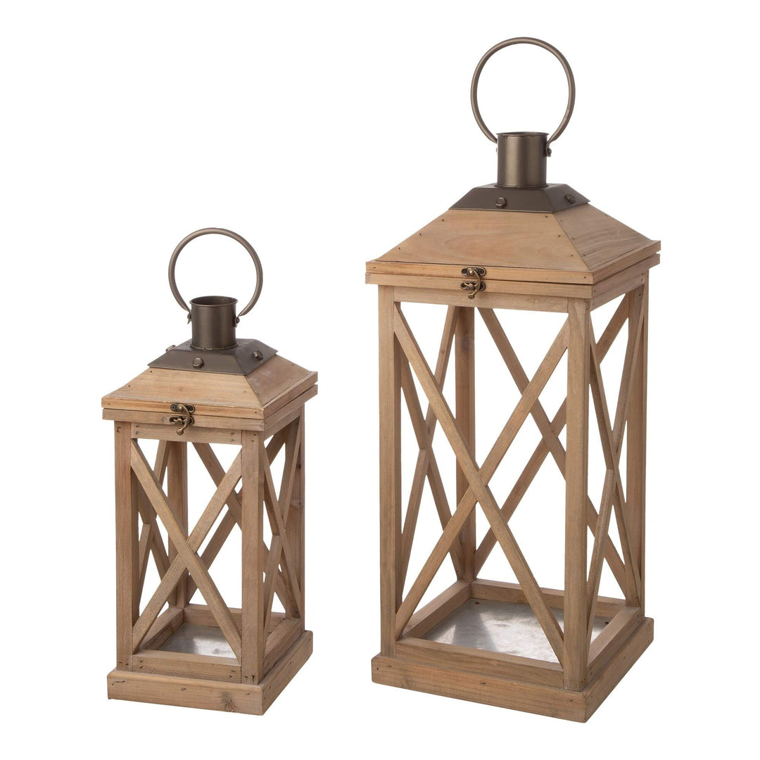 Set of 2 Modern Farmhouse Wooden Lantern Brown Contemporary Iron Wood Finish Natural - Diamond Home USA