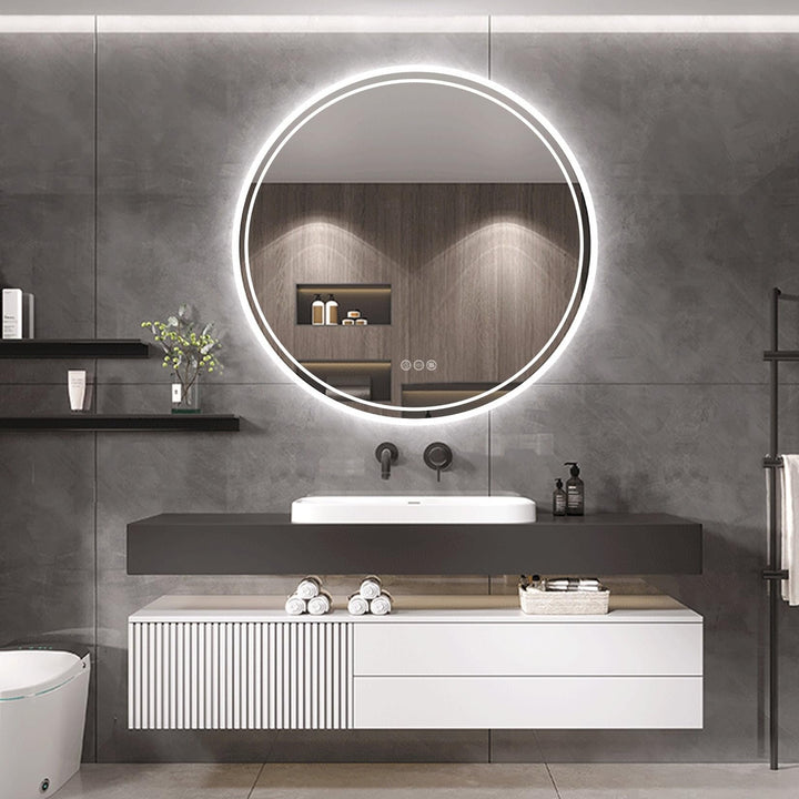 Round Led Illuminated Bathroom Mirror Fogless Makeup Shaving 24" Silver - Diamond Home USA