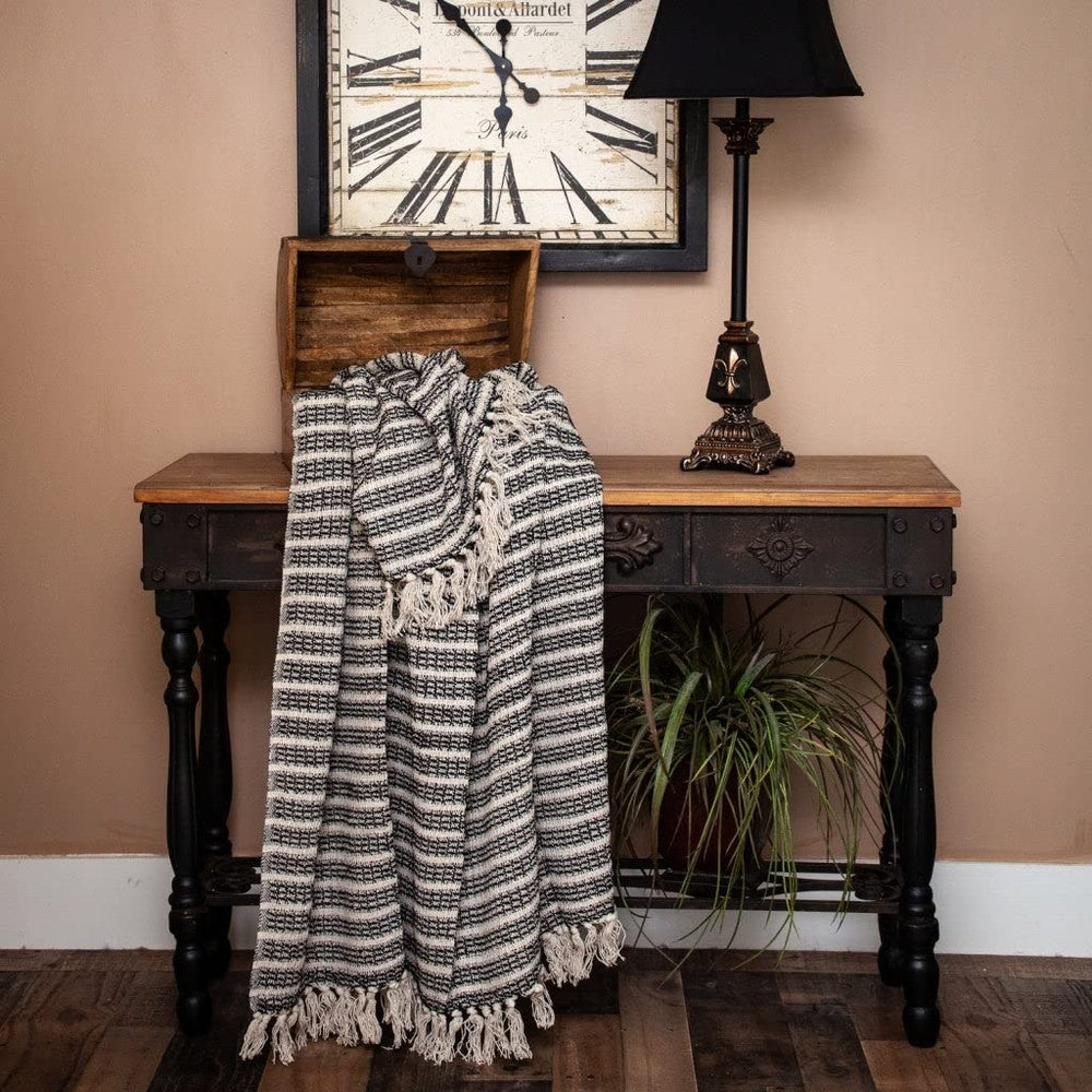 Black and Beige Striped Woven Handloom Throw Blanket Off/White Casual Cotton - Diamond Home USA