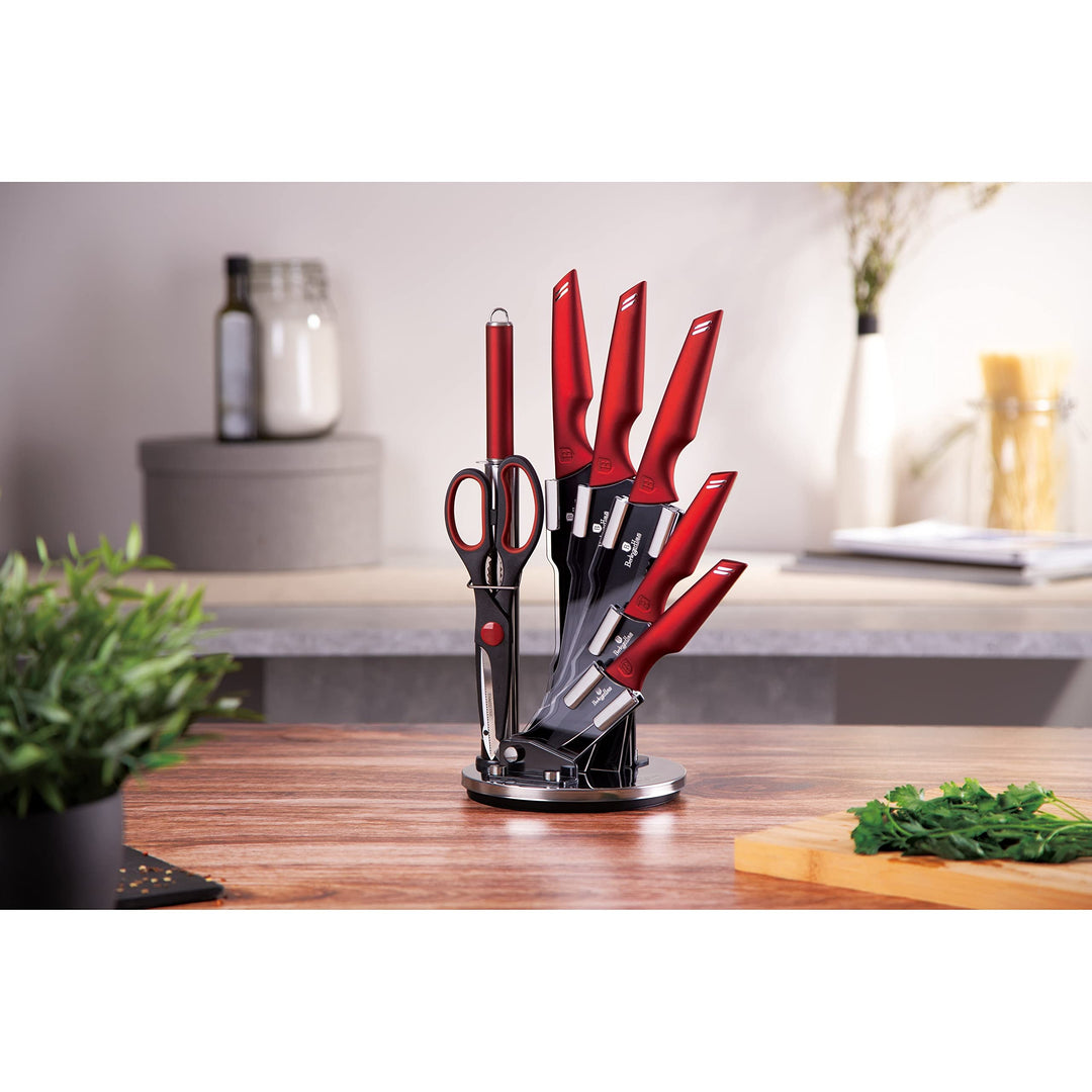 8-piece Knife Set W/Acrylic Stand Burgundy Stainless Steel 8 Piece Dishwasher - Diamond Home USA