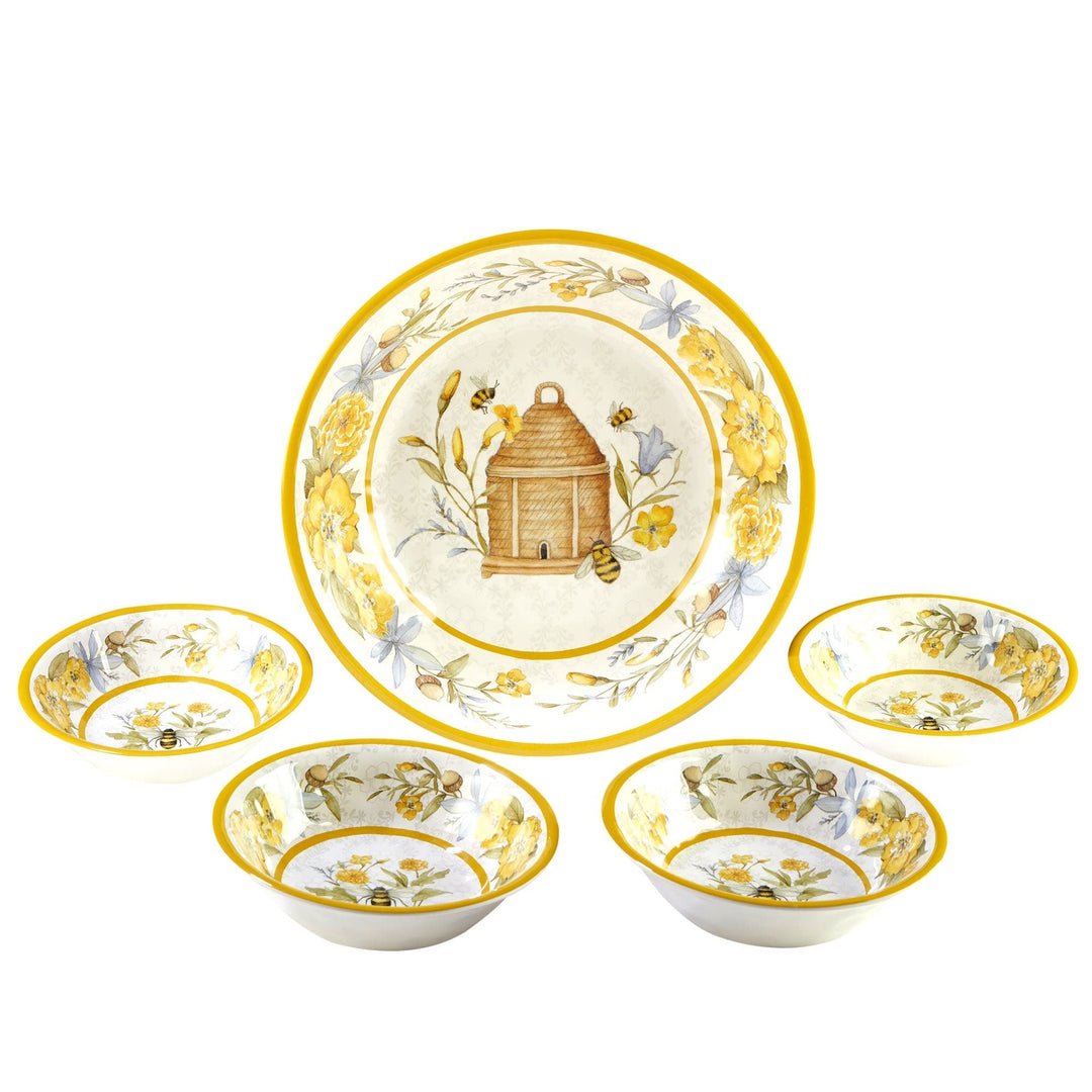 Bee Sweet 5-piece Salad/serving Set Multi Color White Yellow Floral 5 Piece