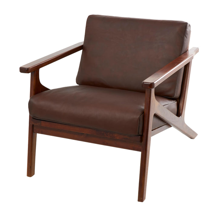 Dark Brown Leather Mid-Century Accent Chair with Teak Wood Frame Solid - Diamond Home USA