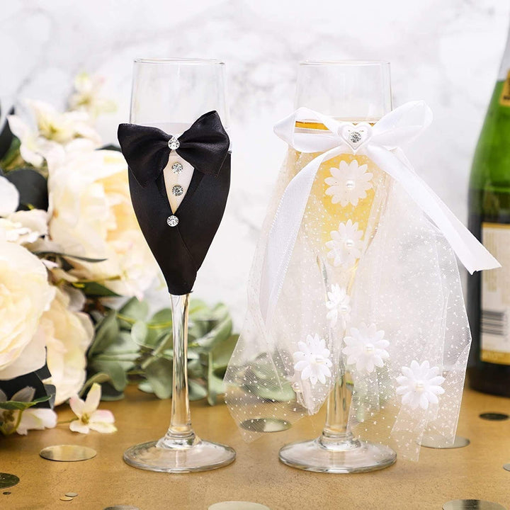 Bride And Groom Champagne Flutes Wedding Dress Tuxedo Toasting Glasses Gift - Diamond Home USA