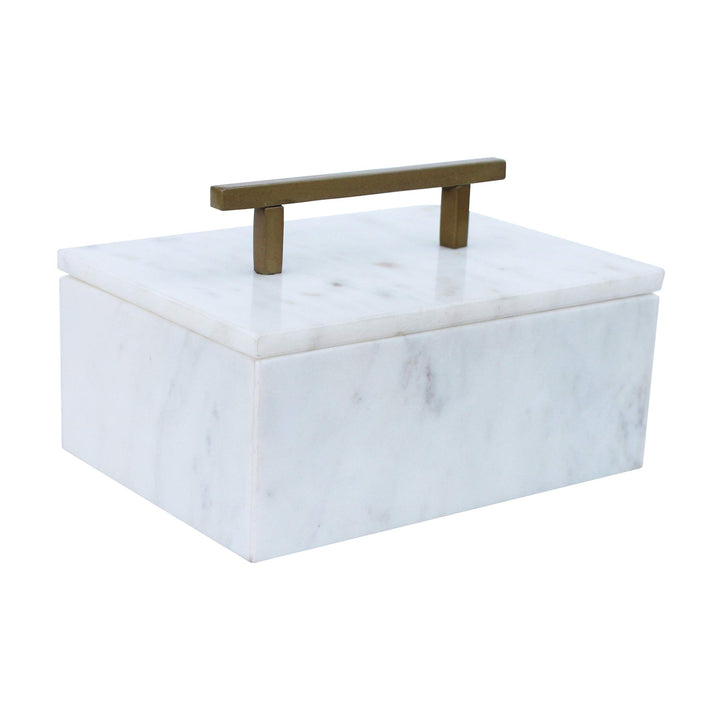Small Creamy White 15-inch Marble Box With Brass Handle Modern Contemporary