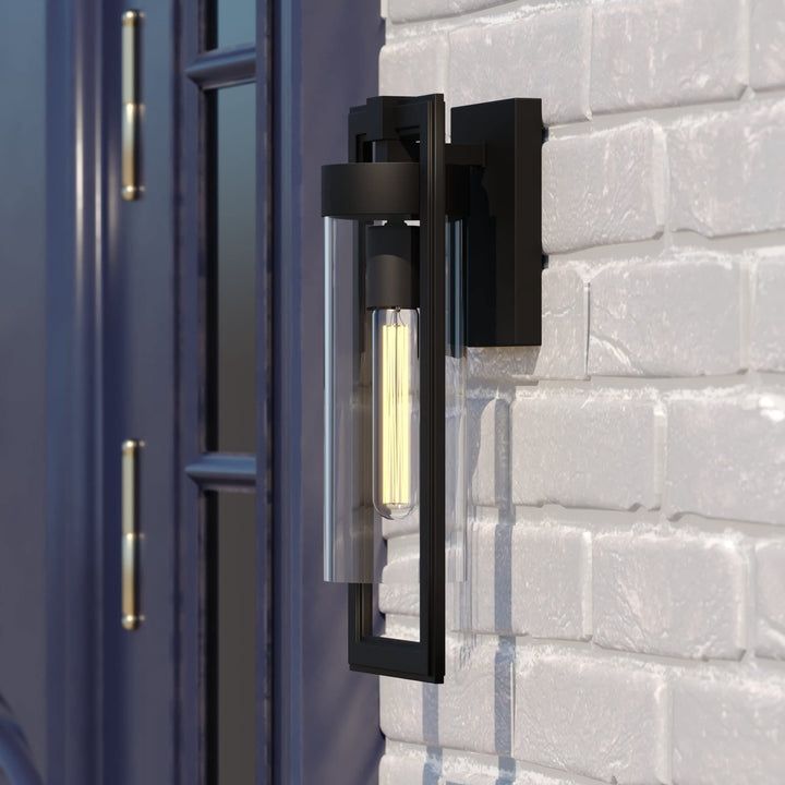 1 Light Dusk to Dawn Matte Black Contemporary Outdoor Wall Lantern Clear