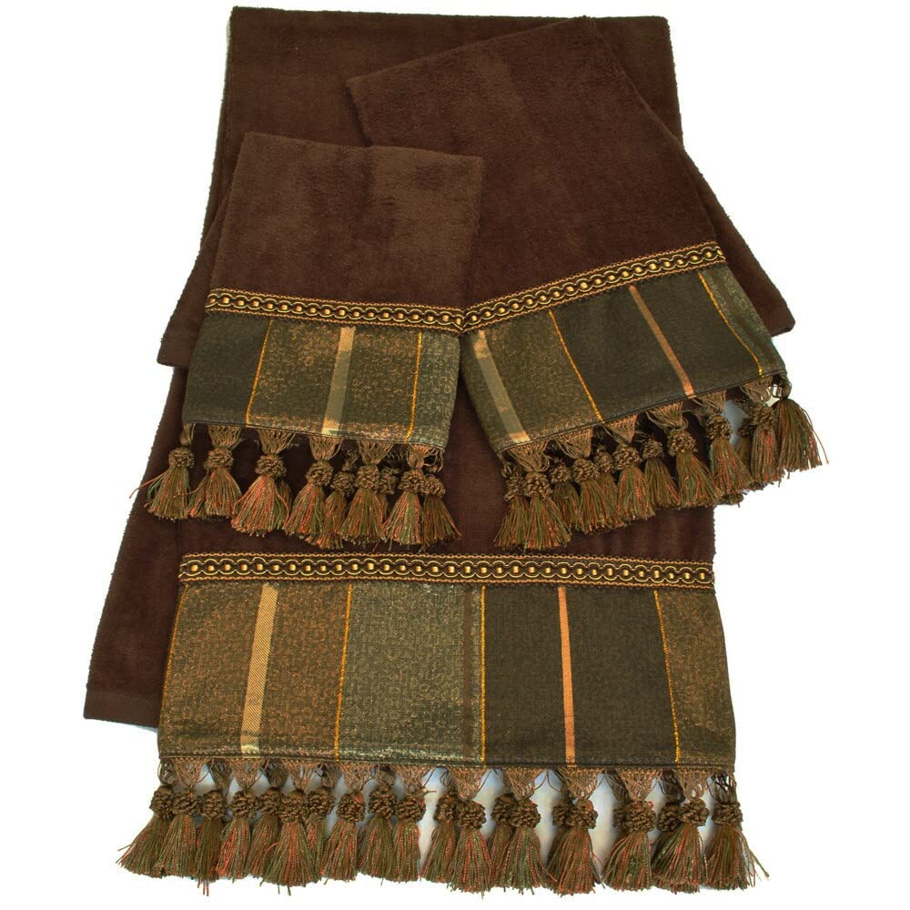 Brown Embellished 3-Piece Towel Set Border Cotton