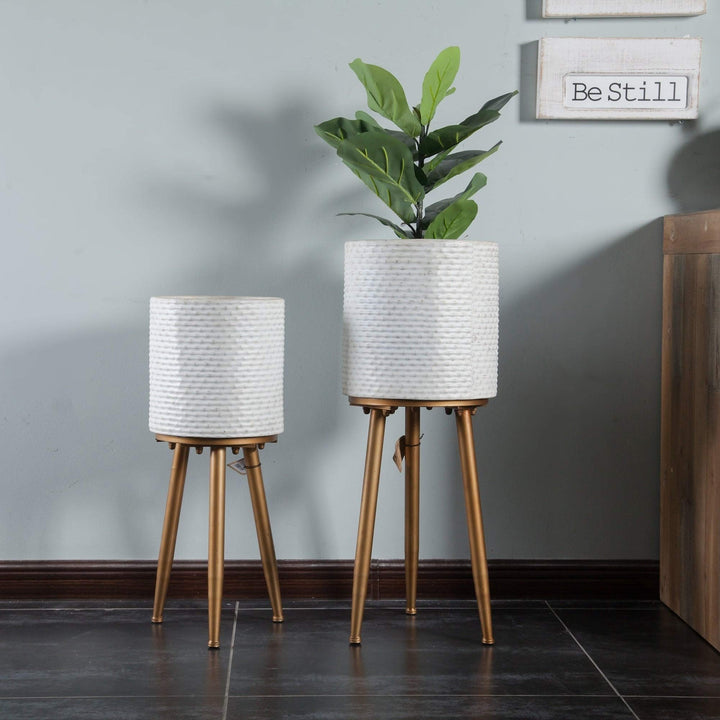 2pc Metal White Planters with Legs Gold Modern Contemporary Round