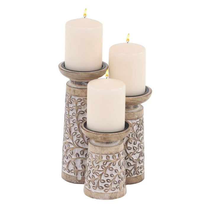 3-Piece Rustic Mango Wood Flourish-Patterned Candle Holder Set Brown Bohemian - Diamond Home USA