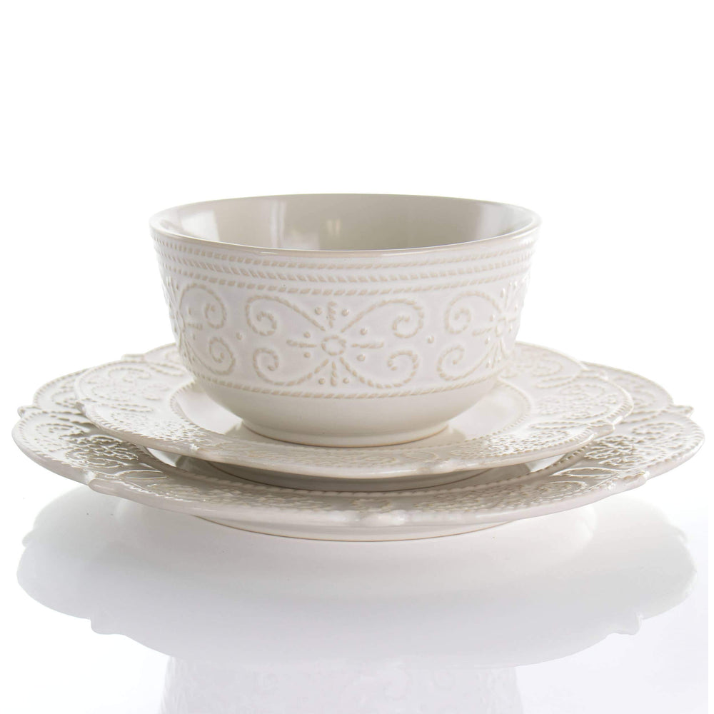 16 Piece Embossed Scalloped Stoneware Dinnerware Set in White Textured Casual - Diamond Home USA