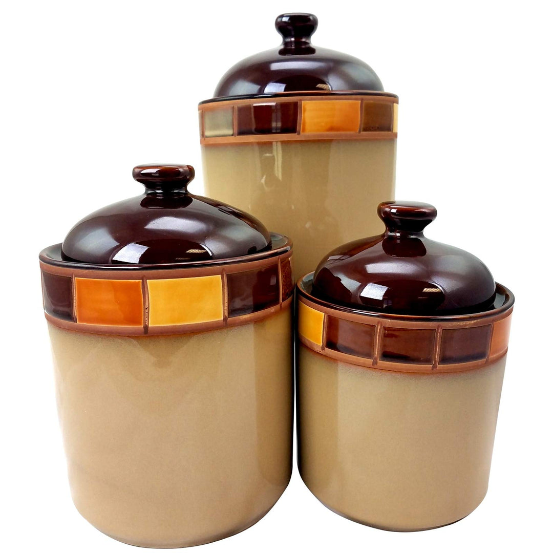 3 Piece Canister Set Brown Banded Stoneware Medium