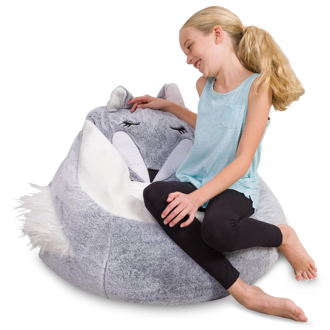 Posh Creations Cute Soft and Comfy Bean Bag Chair for Kids Large Animal - Silver Silver Fox