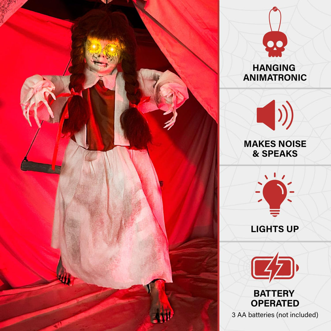 Haunted Hill Farm Animatronic Scary Talking Haunted Doll on Swing with Touch - Diamond Home USA