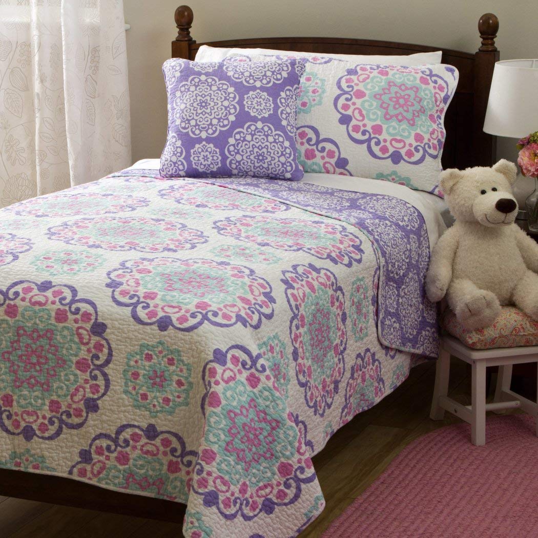 3 Piece Girls Medallion Quilt Twin Set Cute All Over Flowers Mandala Motif Twin - 3 Piece