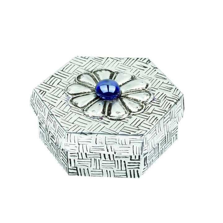 Handmade Hexagonal Blue Decorative Box Silver Modern Contemporary Antique