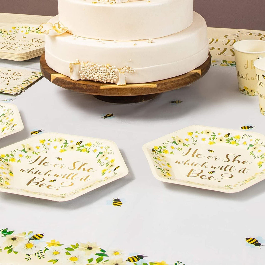 Bee Paper Plates For Gender Reveal Party (9 Inch Hexagon 48 Pack) White Floral - Diamond Home USA