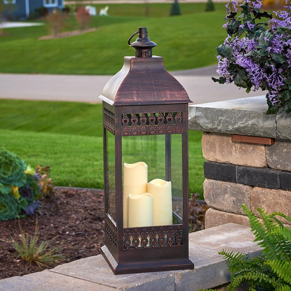 San Triple Led Candle Lantern- Bronze Brown Classic Glass Metal Antique - Diamond Home USA