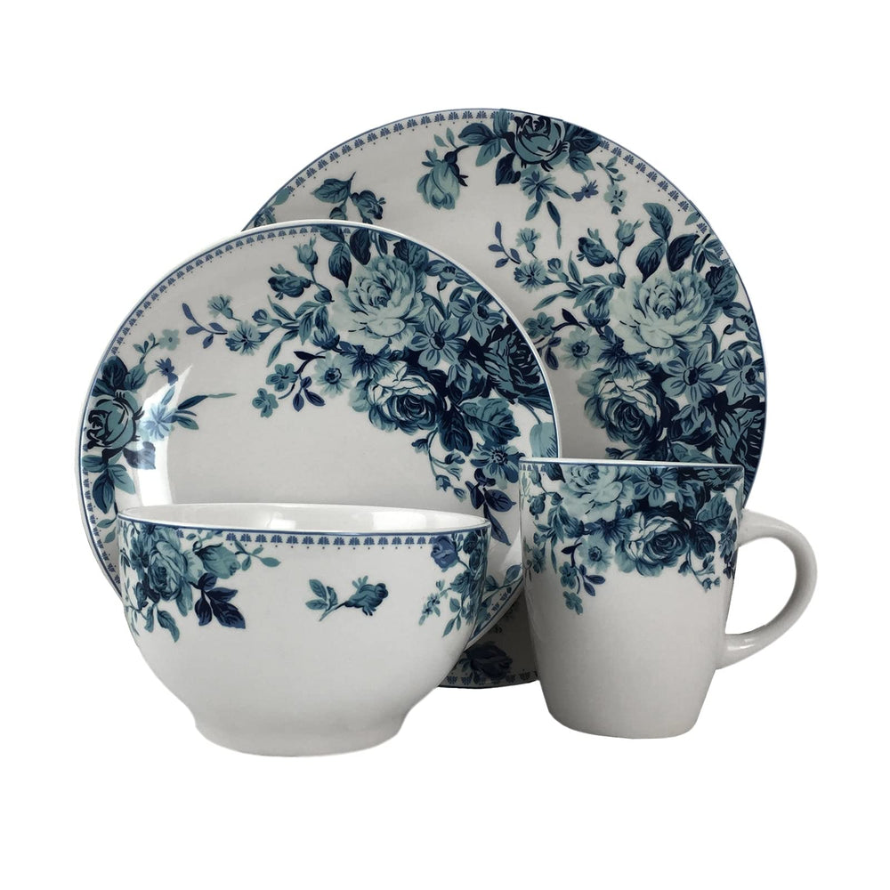 Traditional Blue Rose Stoneware Dinnerware Set (Case Of 16) Floral Casual 16 - Diamond Home USA