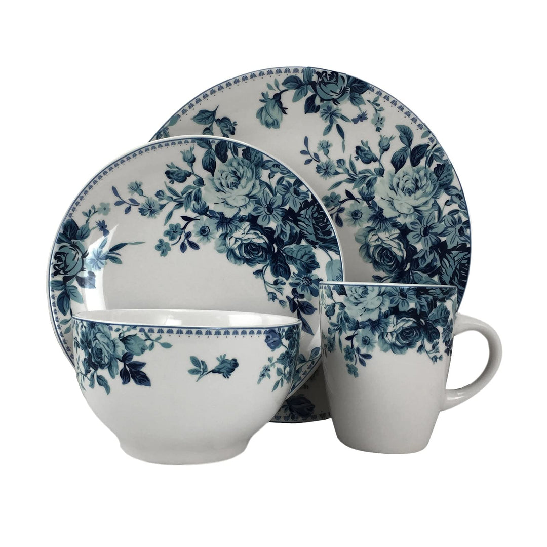 Traditional Blue Rose Stoneware Dinnerware Set (Case Of 16) Floral Casual 16 - Diamond Home USA