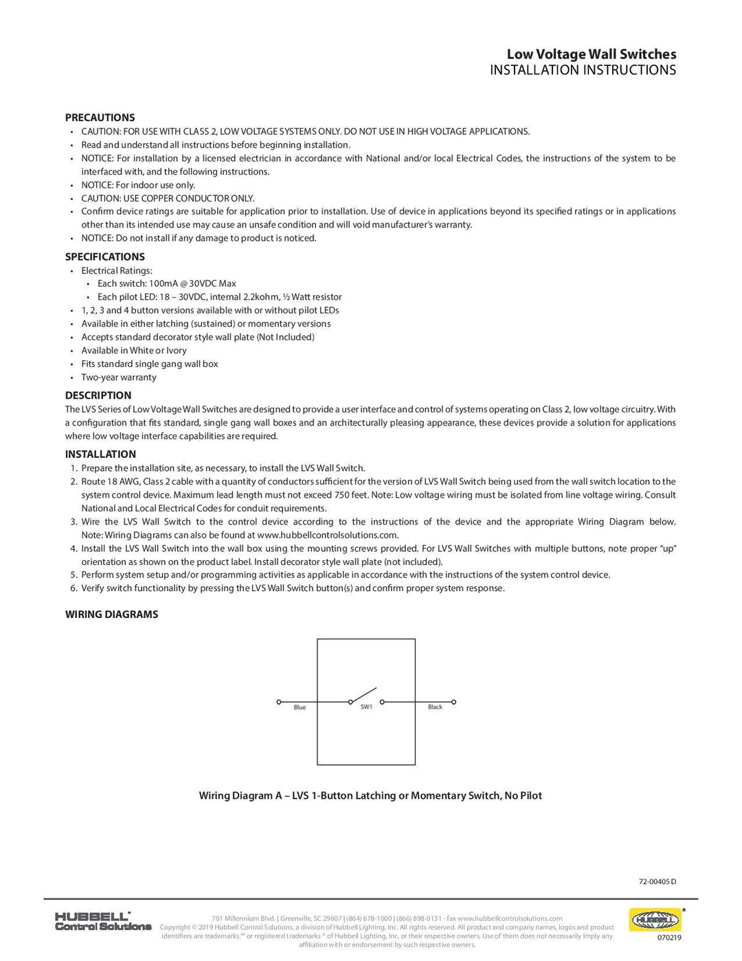 HUBBELL LIGHTING Low Voltage Momentary Switch LVSM1NPWH White - Diamond Home USA