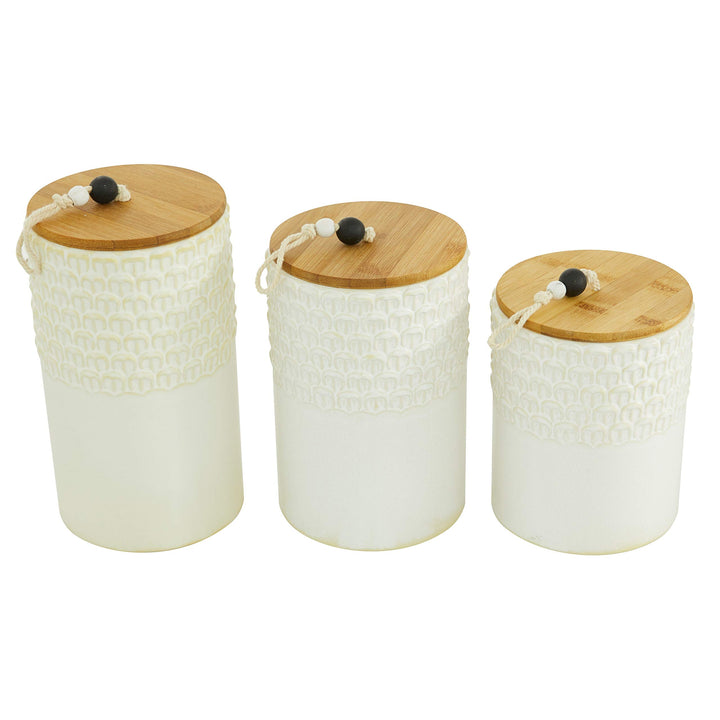 White Textured Stoneware Canister with Wood Lid and Beaded Handle Set of 3 6.75" - Diamond Home USA