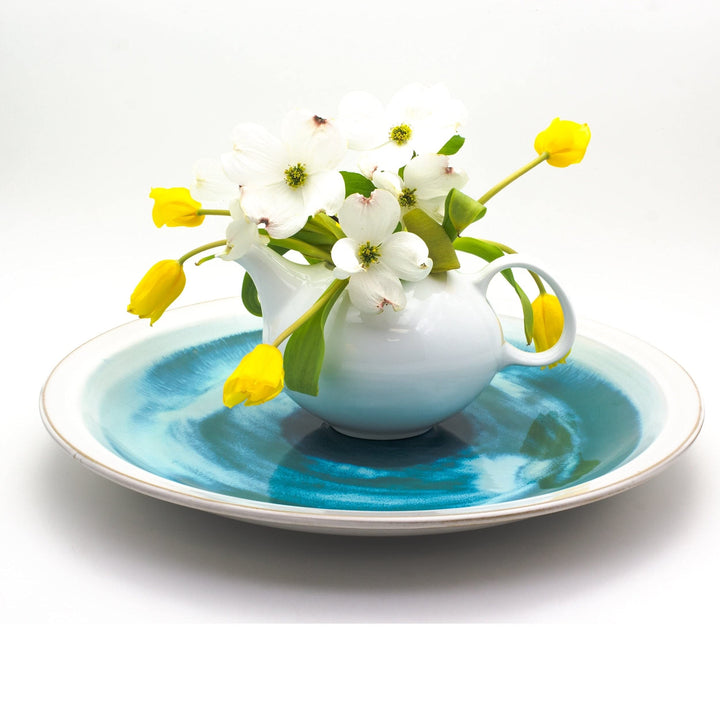 Grotto Blue Ceramic 18" Tropical Decorative Round Platter Beach Glossy Handmade - Diamond Home USA