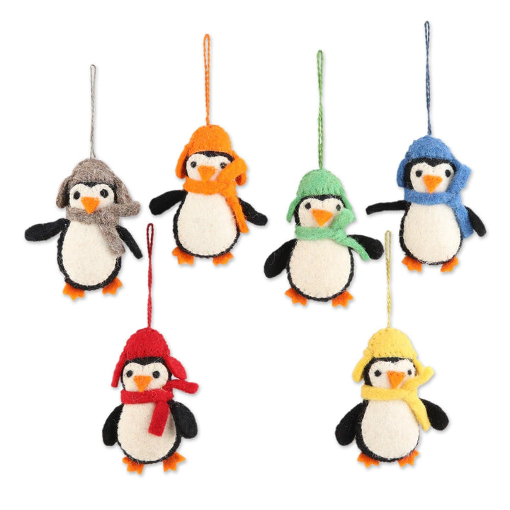 Handmade Cozy Penguins Wool Felt Ornaments (Set of 6) Multi Color