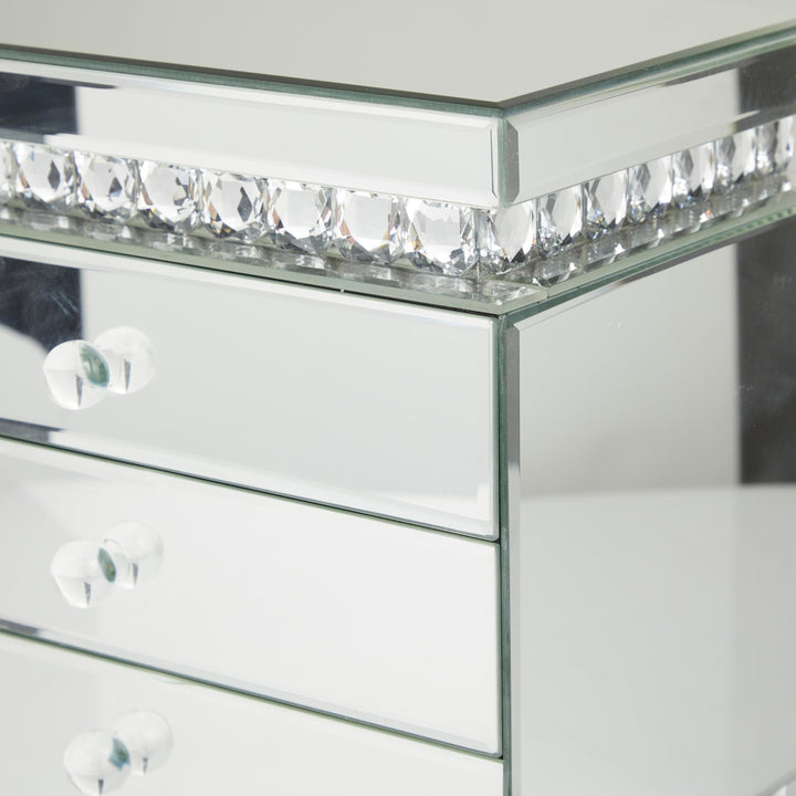 Silver Wooden Mirrored 3 Drawers Jewelry Box With Crystal Embellishments - Diamond Home USA