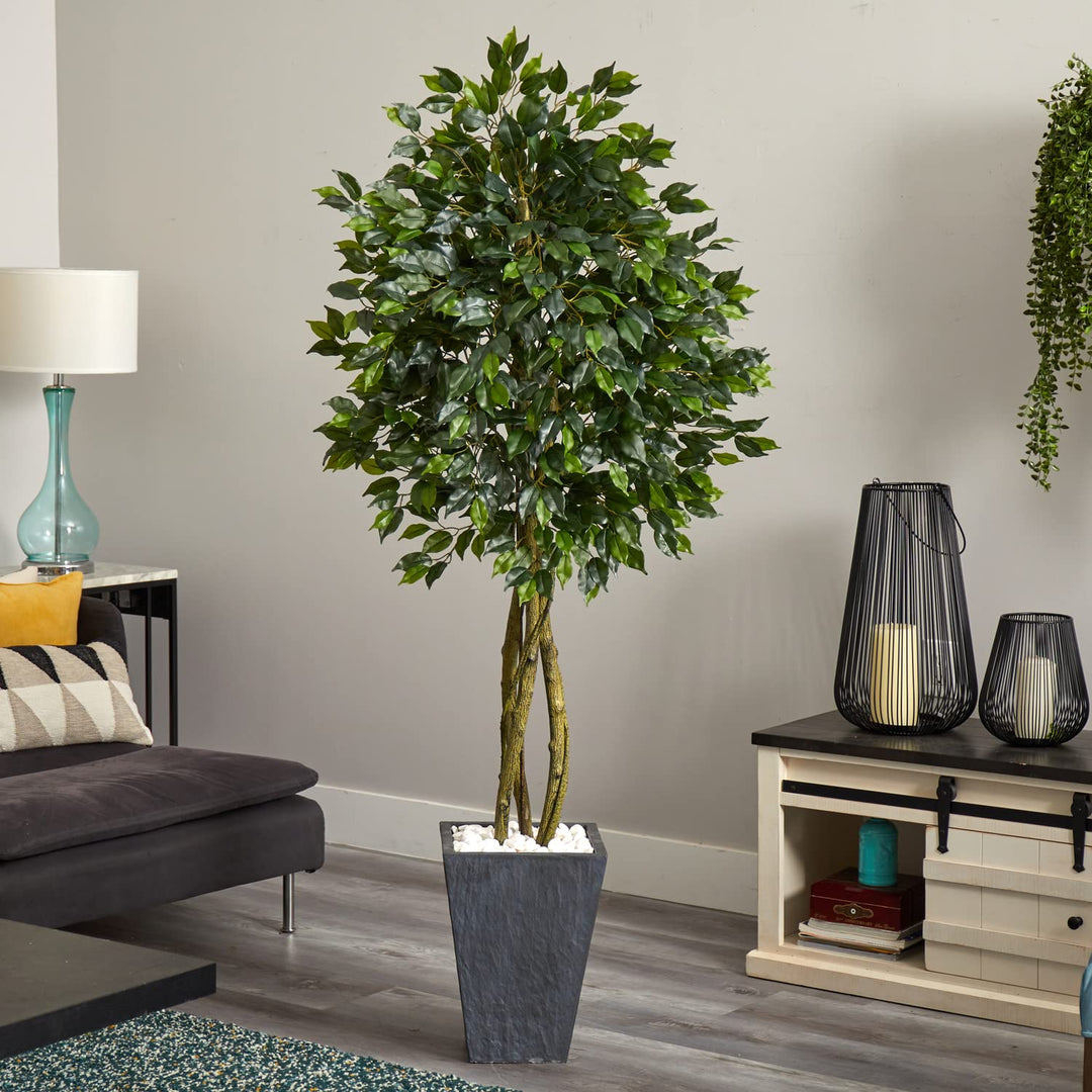 Nearly Natural 6.5ft. Ficus Slate Planter UV Resistant (Indoor/Outdoor) - Diamond Home USA