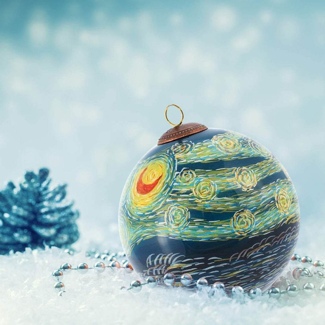 Starry Night' Hand-Painted Glass Ornament Brown Green Yellow Metal Velvet - Diamond Home USA